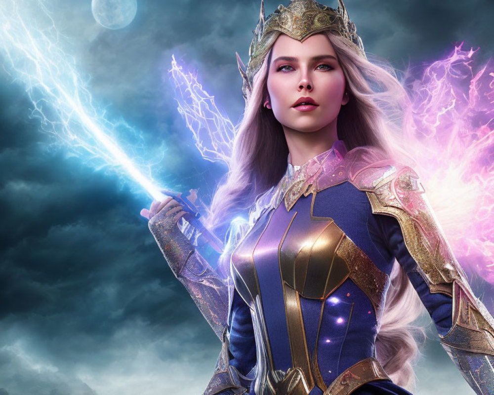 Majestic sorceress in blue and gold armor with lightning, under moonlit sky