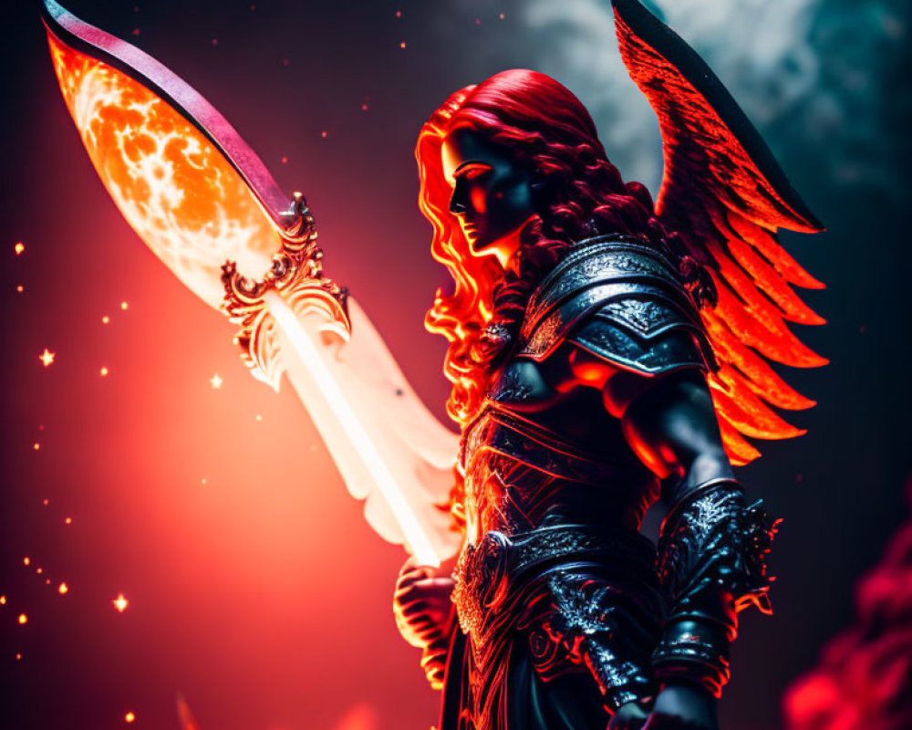 Majestic winged female warrior in elaborate armor with glowing sword