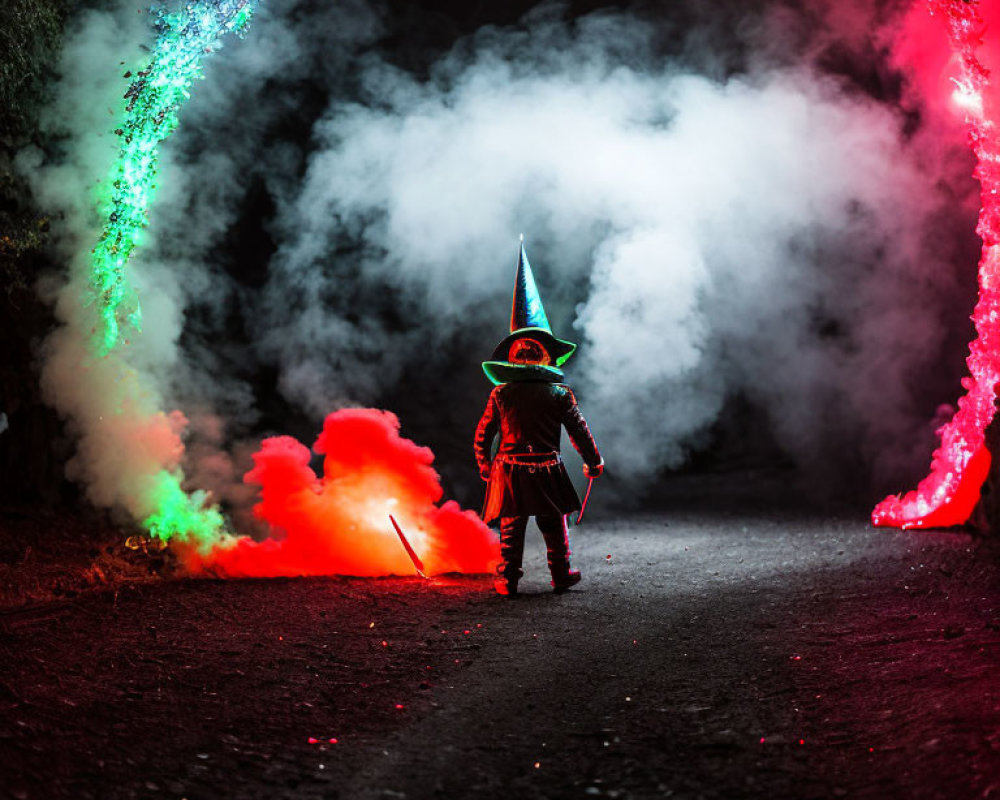 Wizard costume person on dark path with red and blue smoke