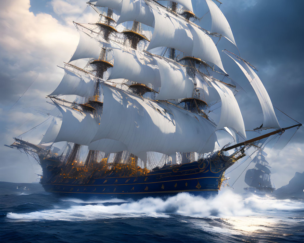 Tall ship with billowing sails on choppy ocean waters
