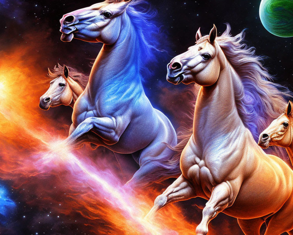 Four animated horses galloping in space with celestial background