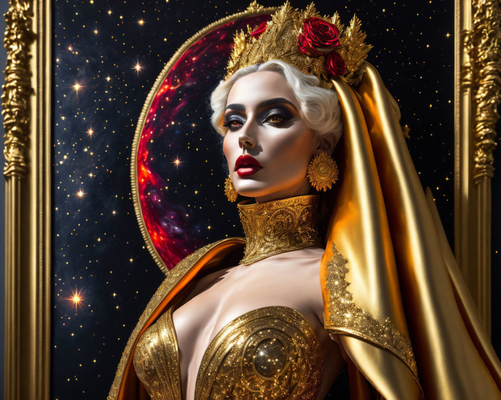Regal figure in gold with rose crown on cosmic background