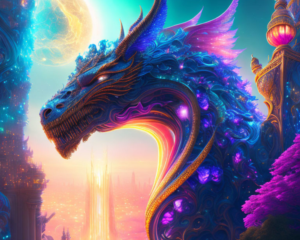 Blue dragon with ornate horns in fantastical cityscape with moon and celestial background