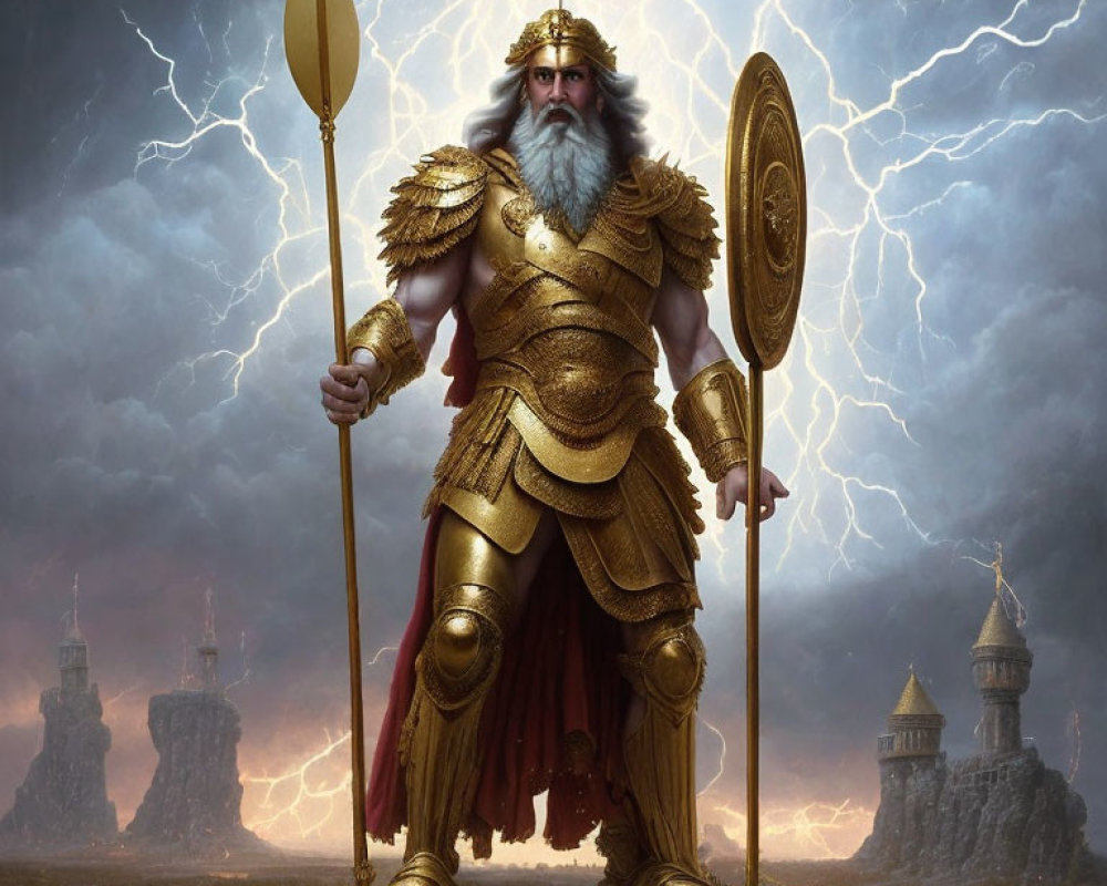 Golden-armored figure with spear and shield in stormy sky ruins and towers