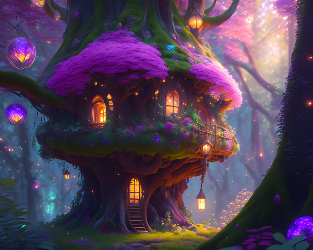 Enchanted treehouse in mystical forest with pink foliage and glowing purple orbs