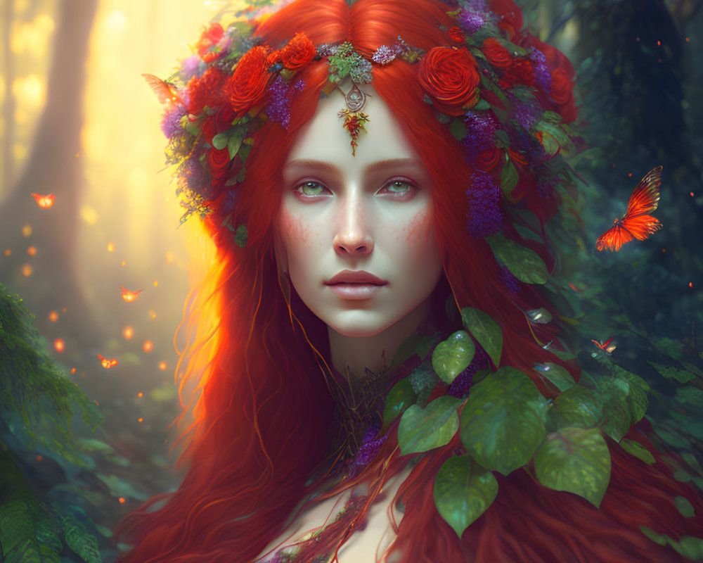 Red-haired woman with floral crown in enchanted forest with butterflies