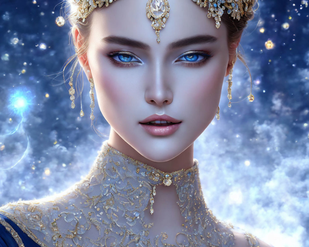 Digital portrait of woman with blue eyes, gold jewelry, blue garment, under starry night sky.