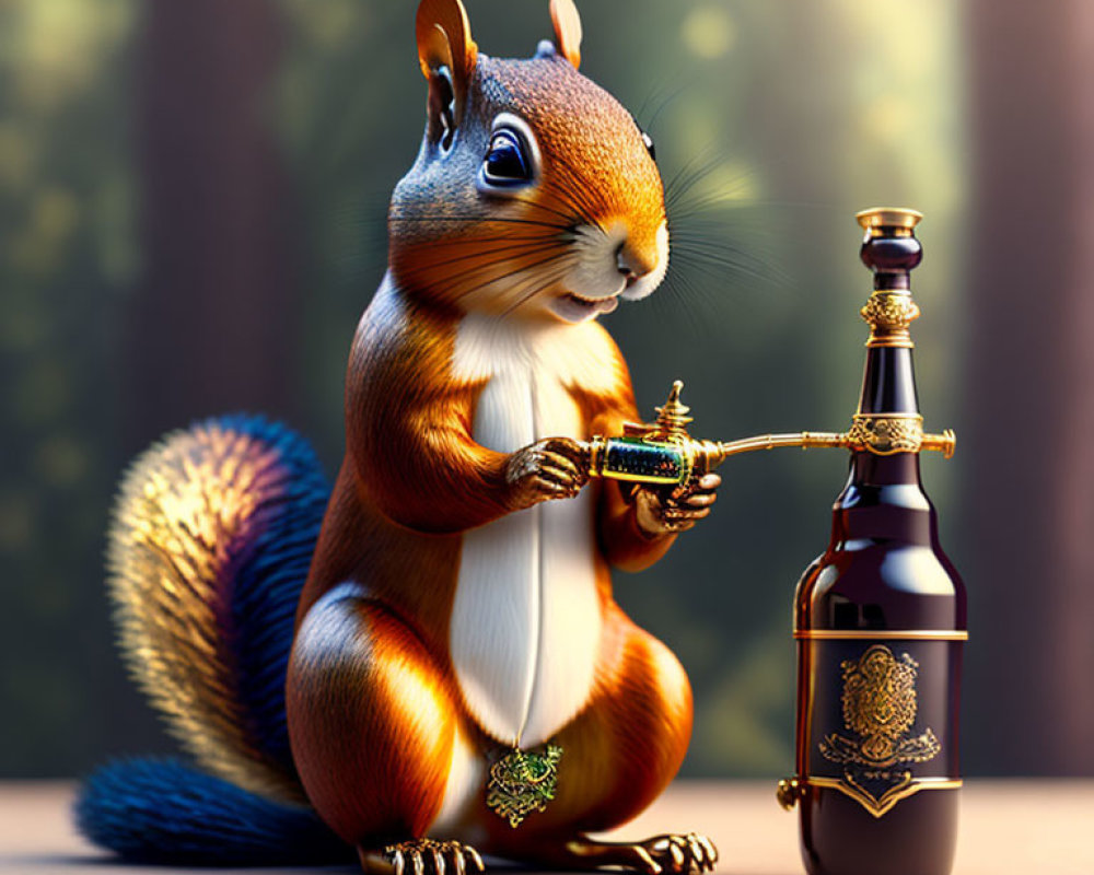 Whimsical digital artwork of squirrel with jewelry pouring liquid into acorn cup