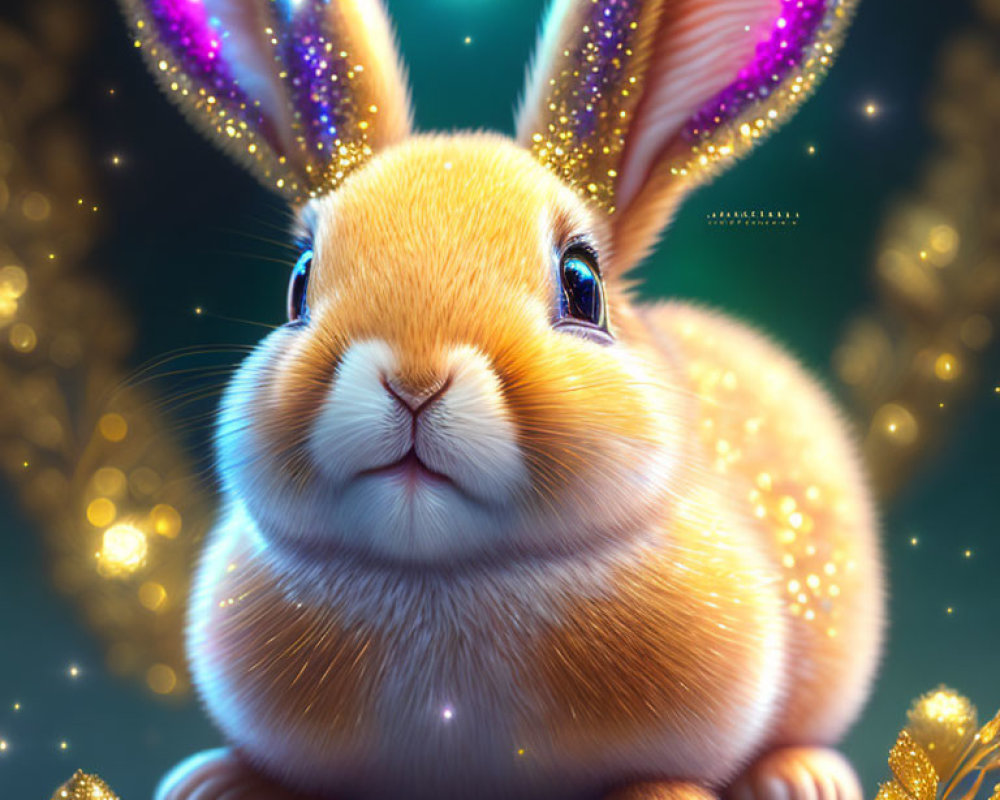 Golden bunny illustration with translucent ears in twinkling lights and glittery foliage