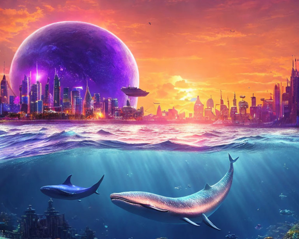 Futuristic city skyline at sunset with moon, ocean whales, and underwater cityscape
