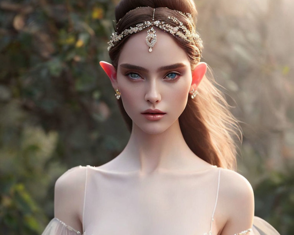 Ethereal female character with pointed ears in misty forest setting