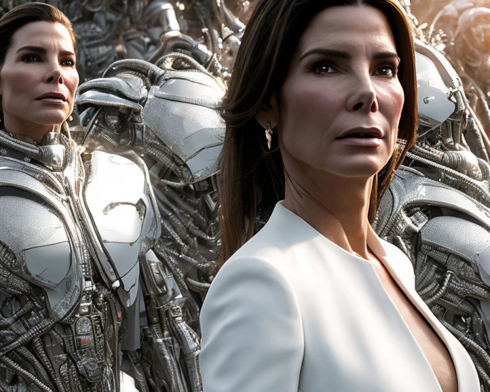 Woman with mirrored image and mechanical figures in sci-fi setting.