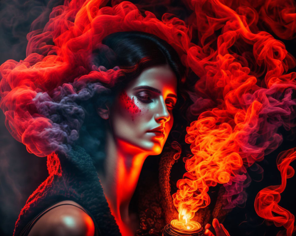 Woman in dramatic red and blue lighting holds flame in swirling smoke