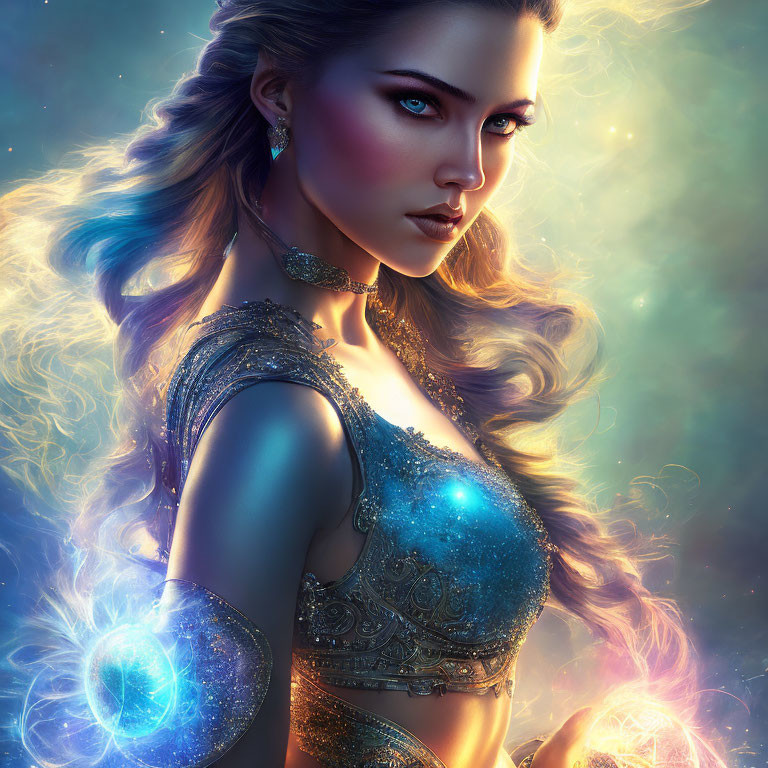 Woman with Glowing Blue Eyes and Energy Orbs in Cosmic Setting