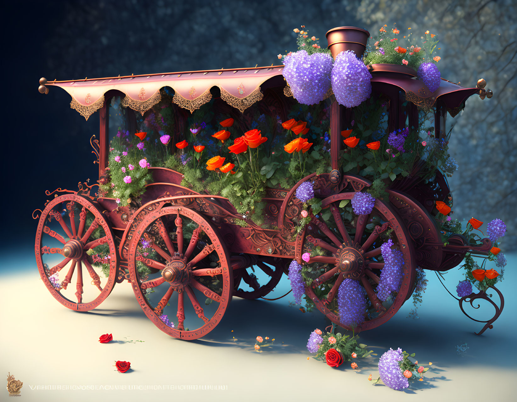 Vintage ornate cart with vibrant flowers and metalwork on wooden wheels