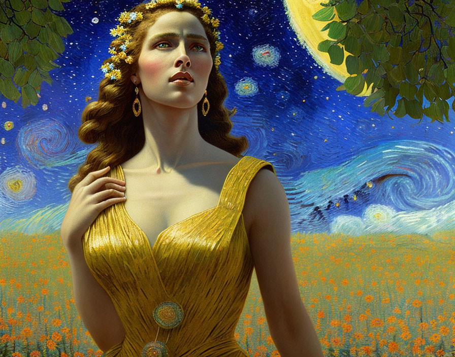 Woman in Yellow Dress Surrounded by Flowers and Starry Night Sky