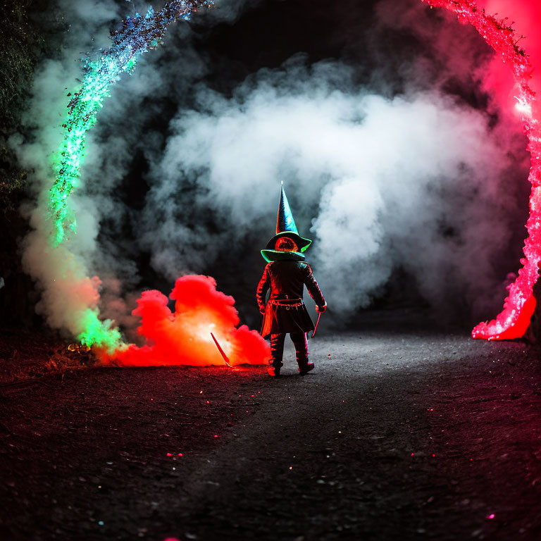 Wizard costume person on dark path with red and blue smoke