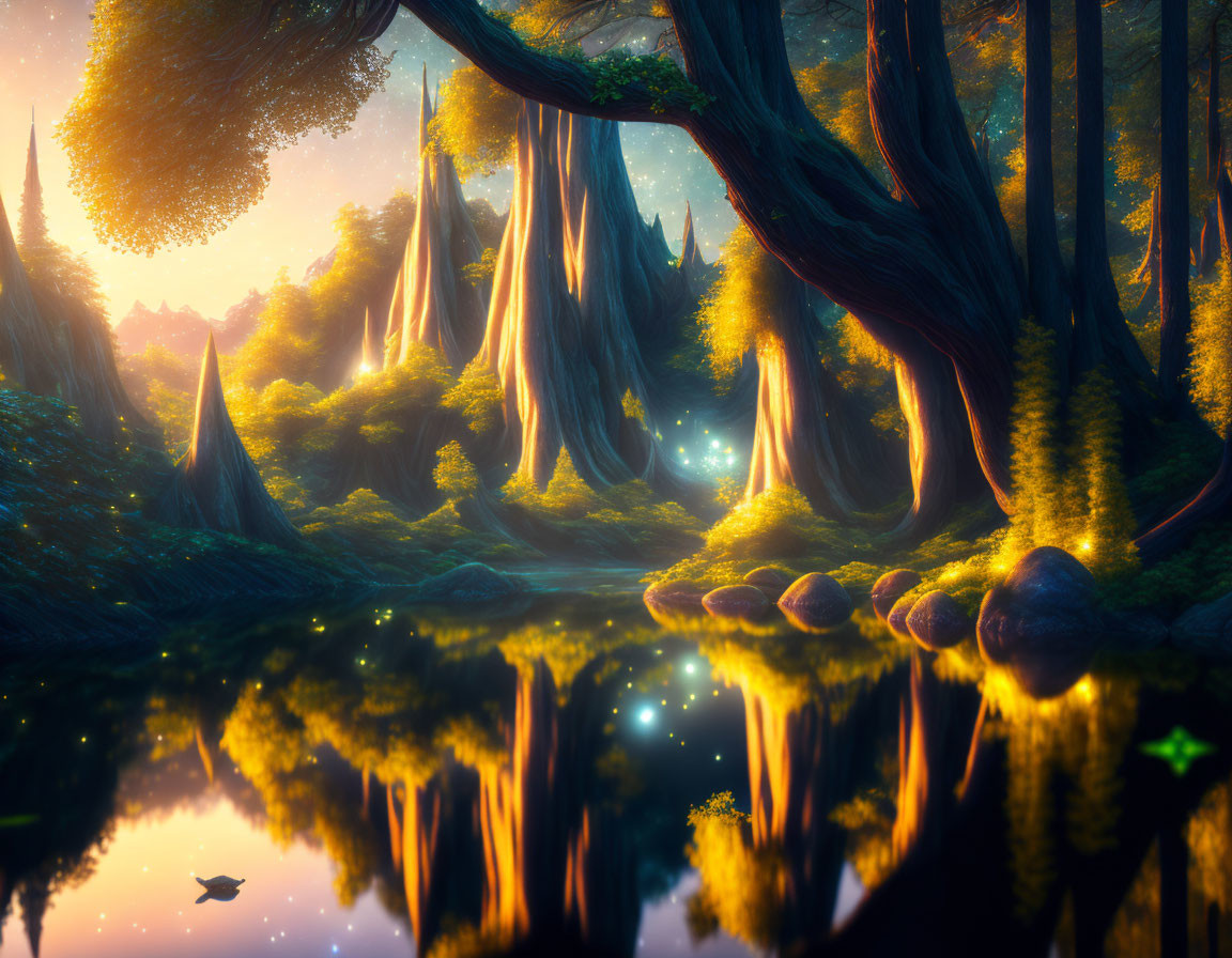 Serene forest with towering trees, golden light, lake, and fireflies