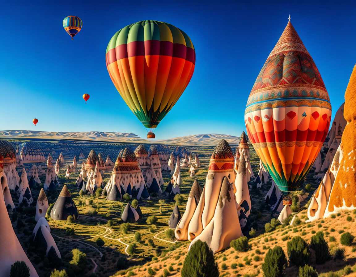 Vibrant hot air balloons over cone-shaped rock formations and greenery