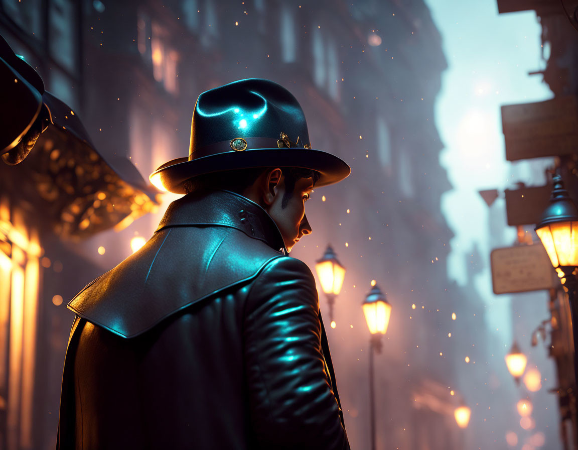 Person in hat and coat on foggy street with vintage lamps and glowing particles