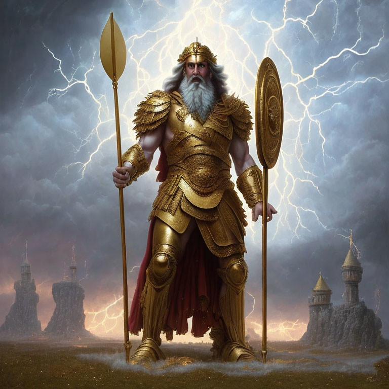 Golden-armored figure with spear and shield in stormy sky ruins and towers
