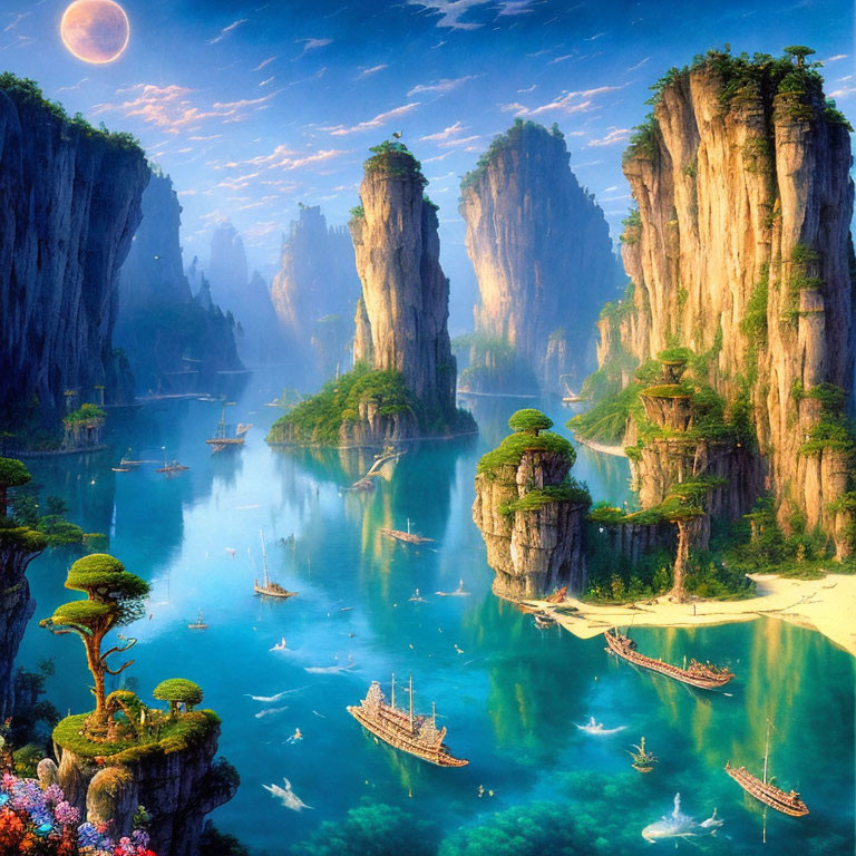 Fantastical landscape with towering rock pillars and serene waters at twilight