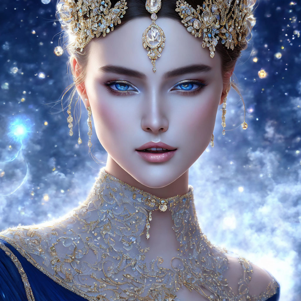 Digital portrait of woman with blue eyes, gold jewelry, blue garment, under starry night sky.