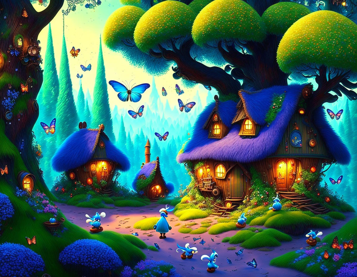 Fantasy forest with glowing trees, butterflies, quaint houses, and vibrant creatures