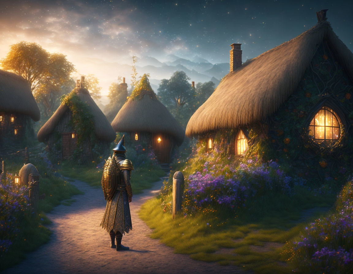 Knight in armor walking among thatched cottages at twilight with starlit sky