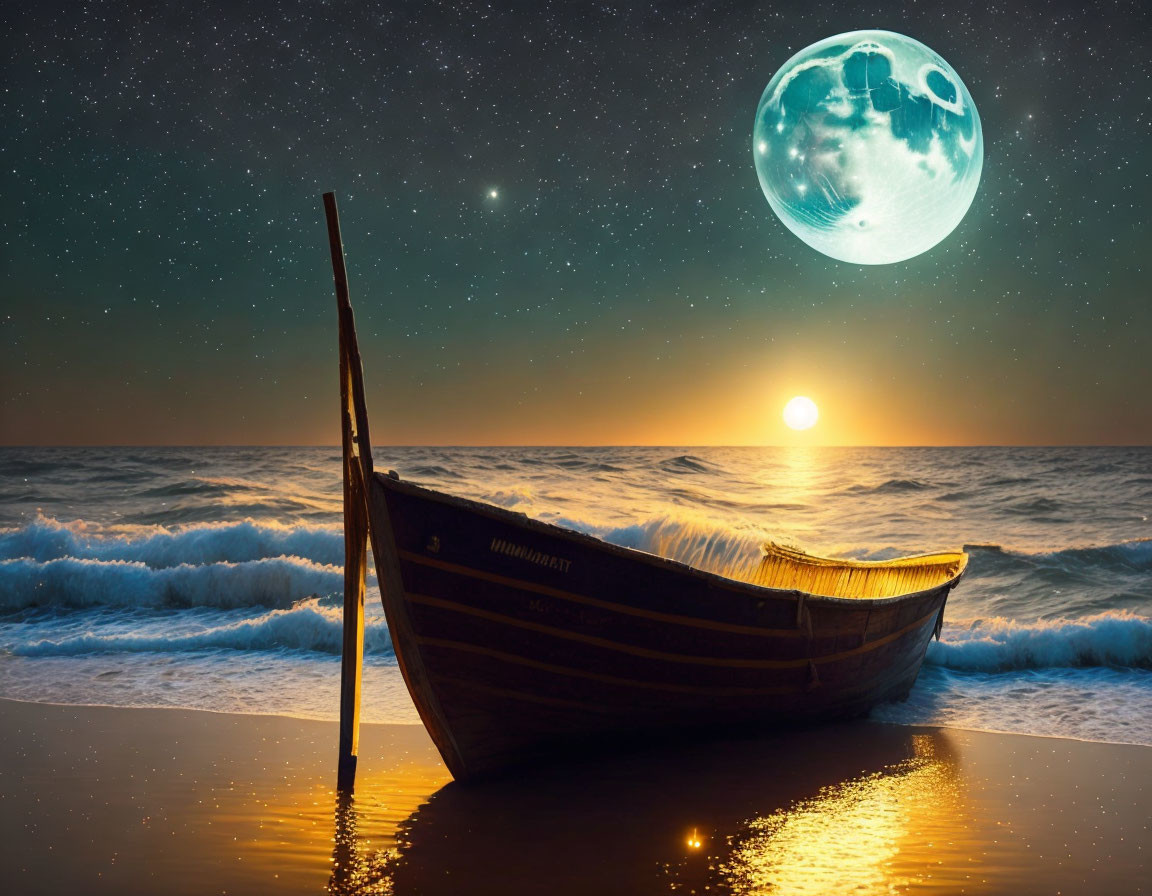 Wooden Boat on Shore at Twilight with Surreal Moon and Starry Sky