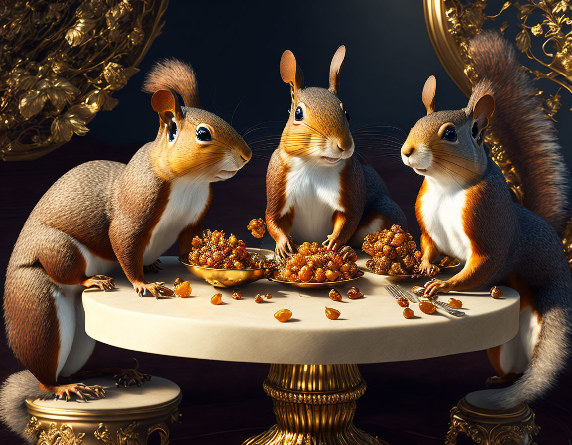 Realistic squirrels feasting at golden table in dark setting