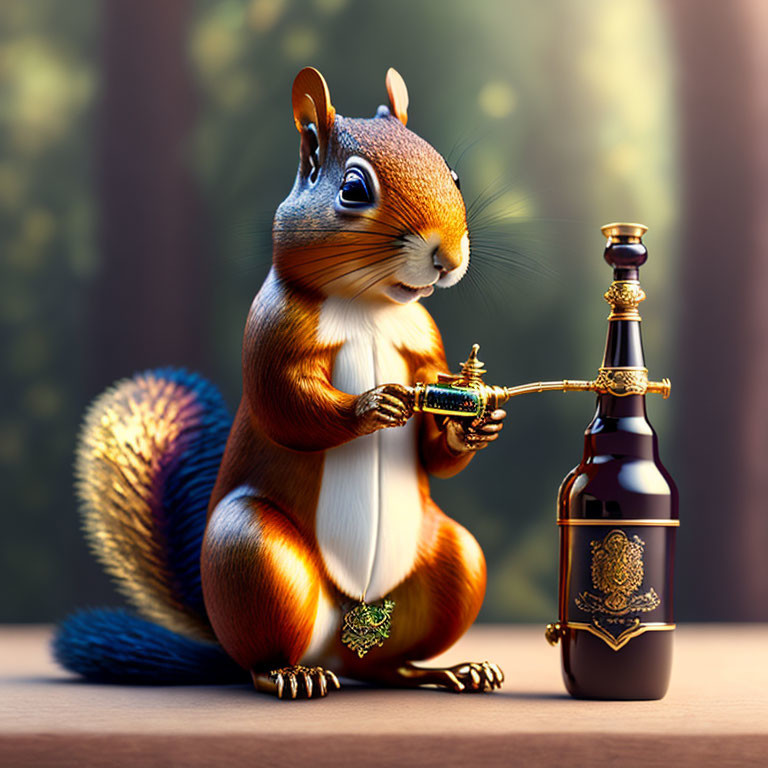 Whimsical digital artwork of squirrel with jewelry pouring liquid into acorn cup