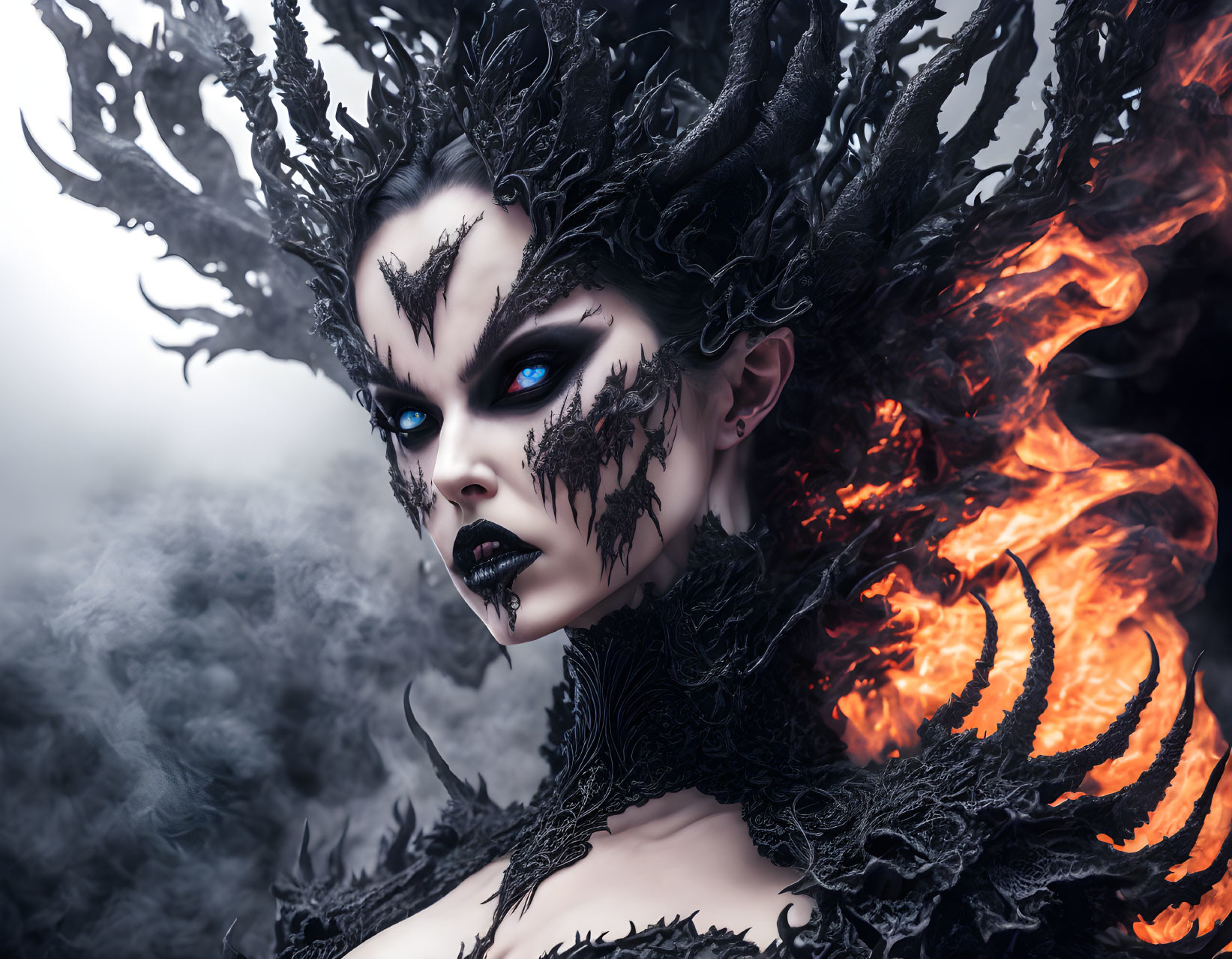 Intense dark makeup and fiery costume fantasy character in smoky setting