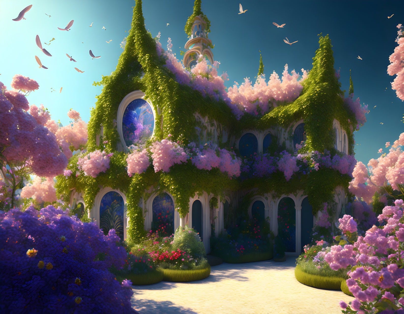 Fantastical castle with ivy, pink flowers, blue sky, and flying birds