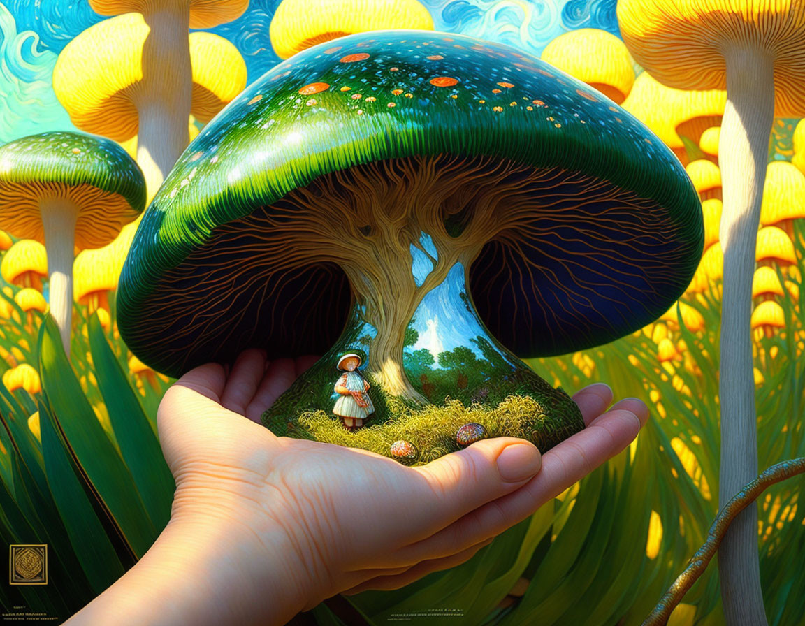 Fantastical illustration of giant mushroom with tree under human hand in surreal setting