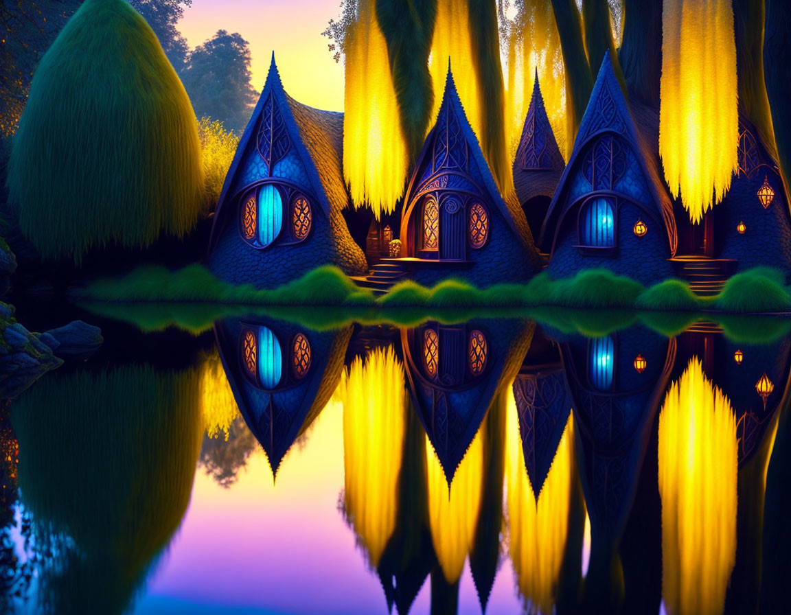 Whimsical pointed-roof houses by tranquil lake at night