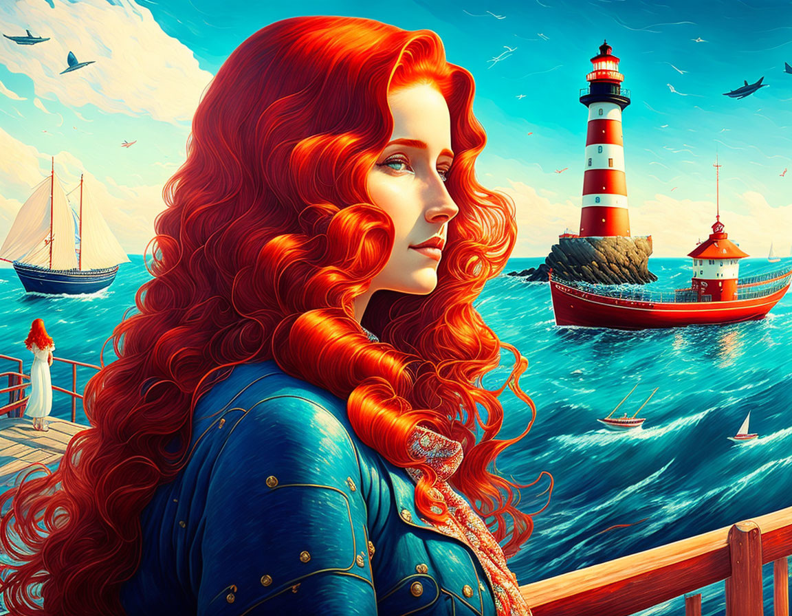 Red-haired woman in maritime scene with lighthouse, sailboats, and sea