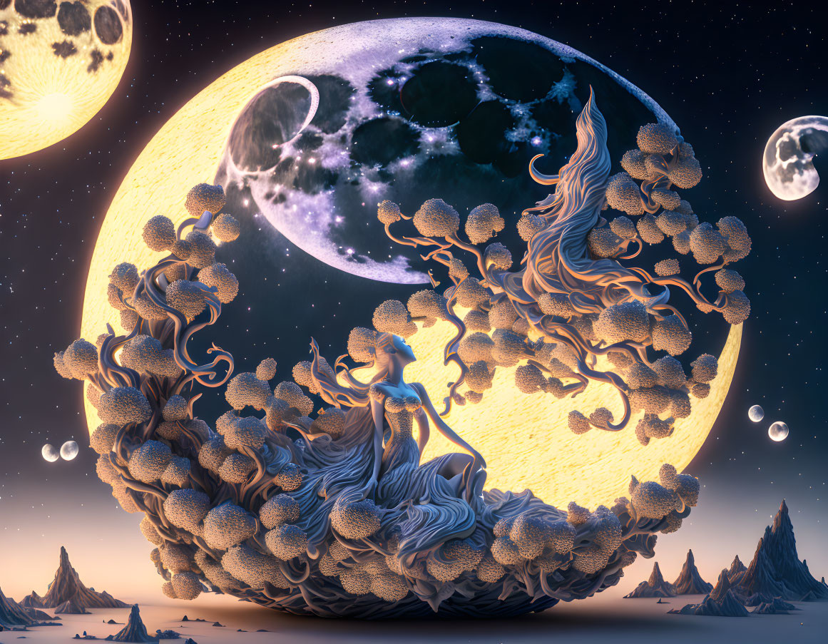 Woman sitting in crescent moon surrounded by surreal moons and stars