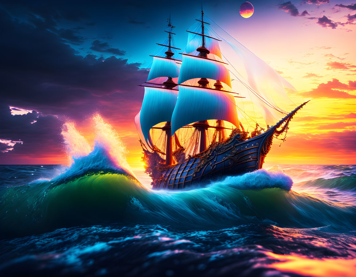 Sailing ship with billowing sails on ocean waves at sunset