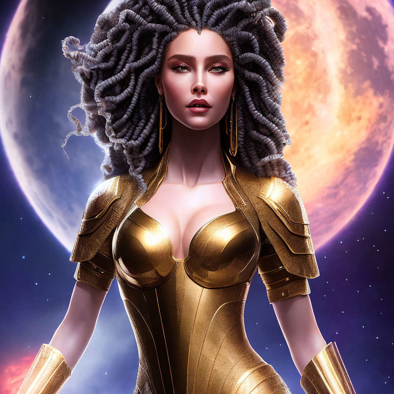 Digital artwork: Woman with gray hairstyle in golden armor against cosmic backdrop