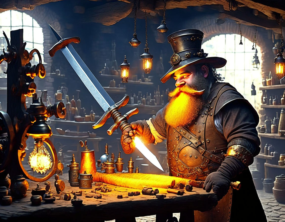 Bearded blacksmith examines glowing sword in vintage workshop