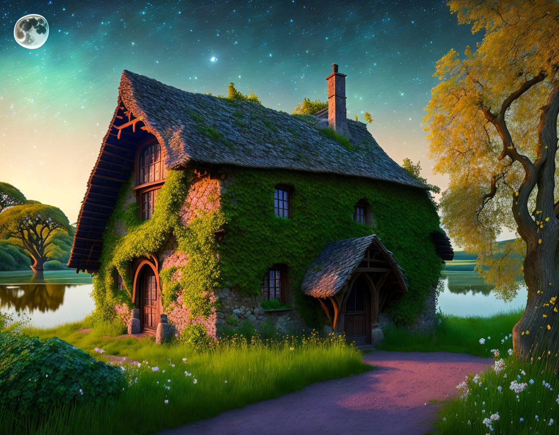 Thatched-Roof Cottage by Lake with Ivy and Crescent Moon