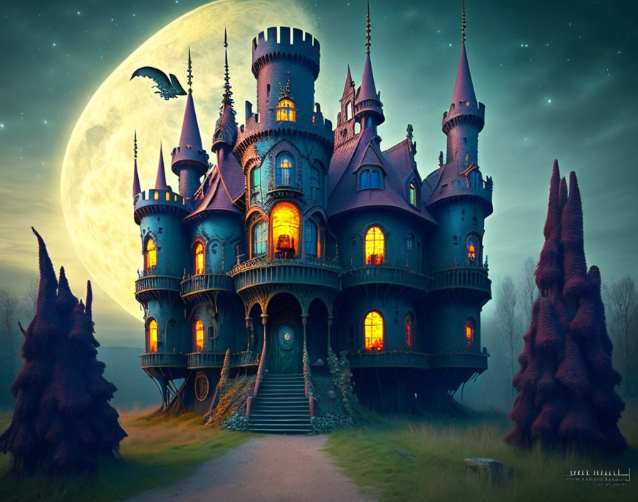 Gothic-style castle with spires under moonlit sky, bat flying over tall trees