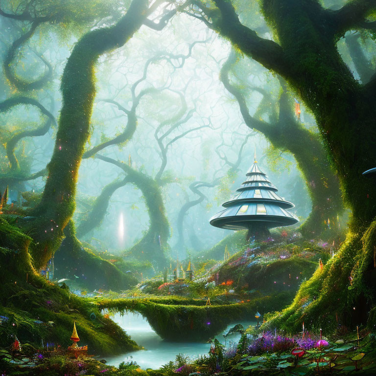 Mystical forest scene with pagoda, mossy trees, and glowing lights