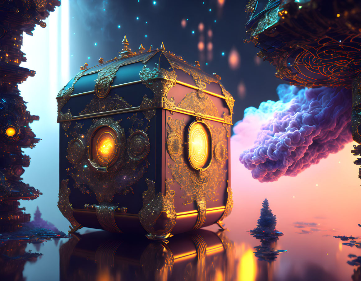 Golden chest with glowing elements in fantastical landscape with floating islands