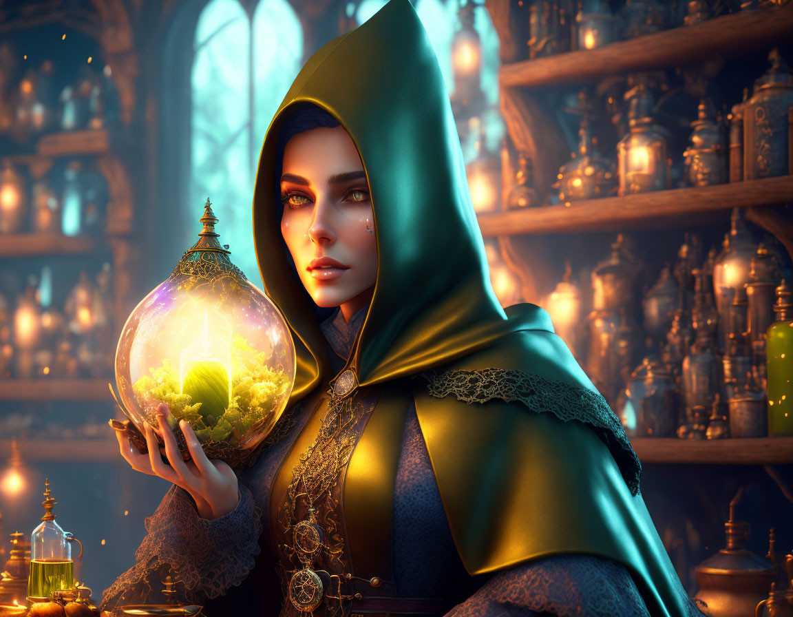 Mysterious Figure in Green Hooded Cloak with Glowing Orb in Candlelit Library