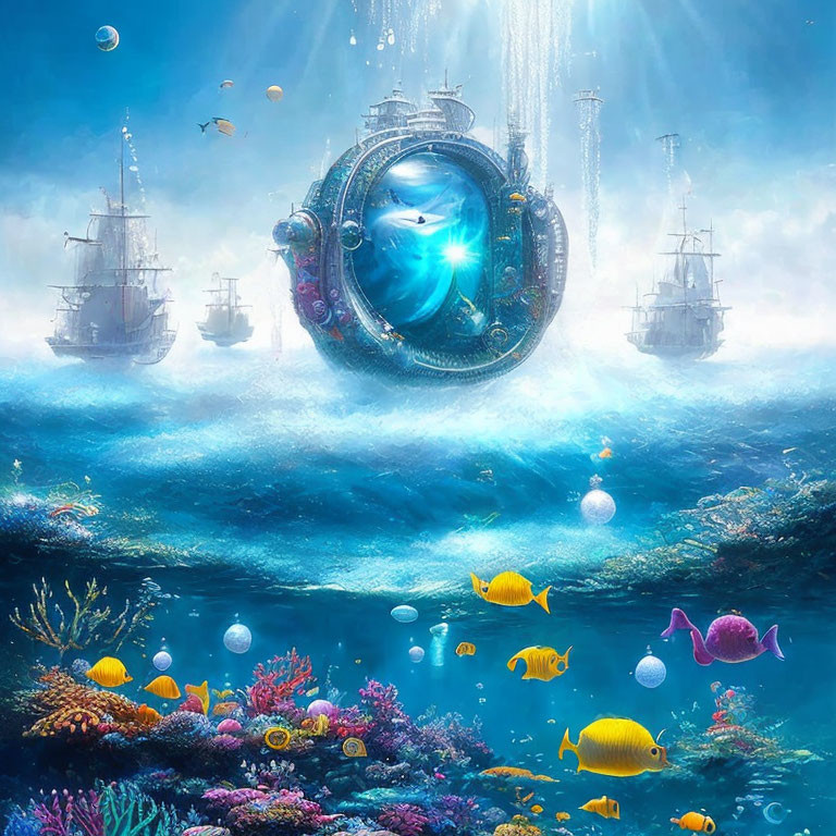 Vibrant marine life, mysterious portal, and floating ships in underwater scene