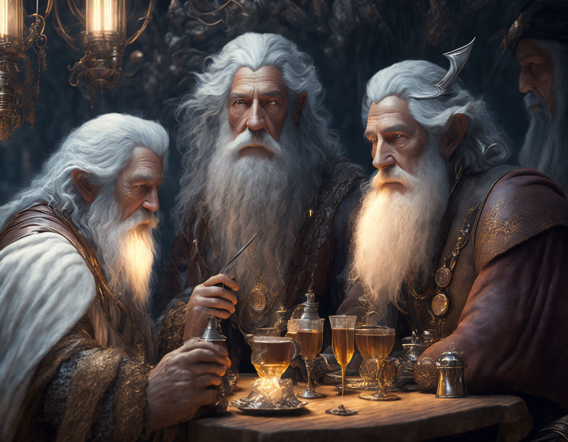 Elderly wizards with long beards around table with chandelier