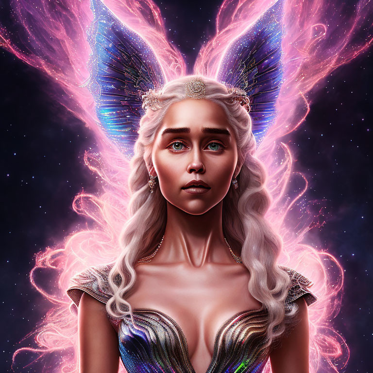 White-Haired Woman with Celestial Butterfly Wings and Cosmic Background