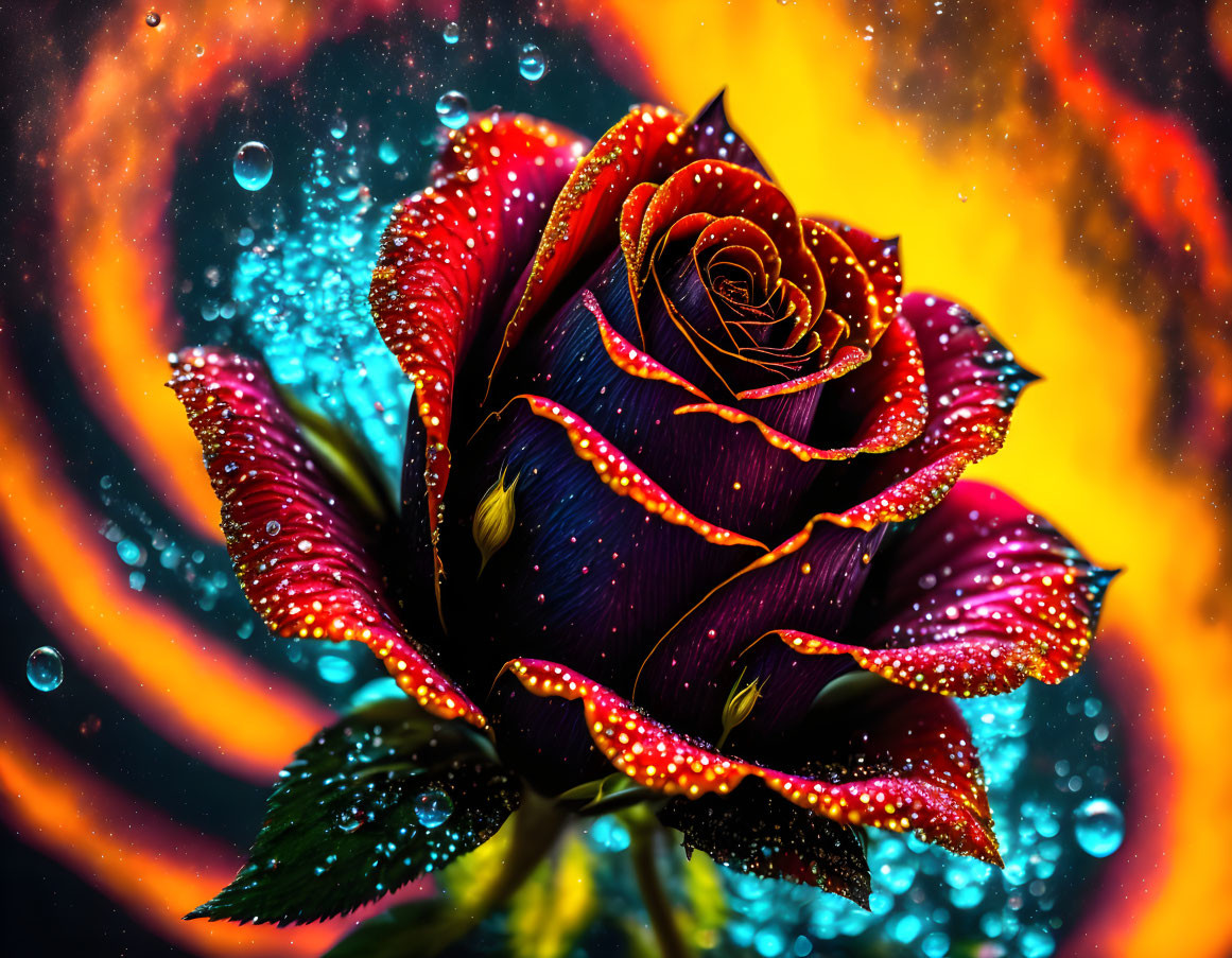 Colorful Digital Artwork: Rose with Water Droplets in Fiery & Cool Tones